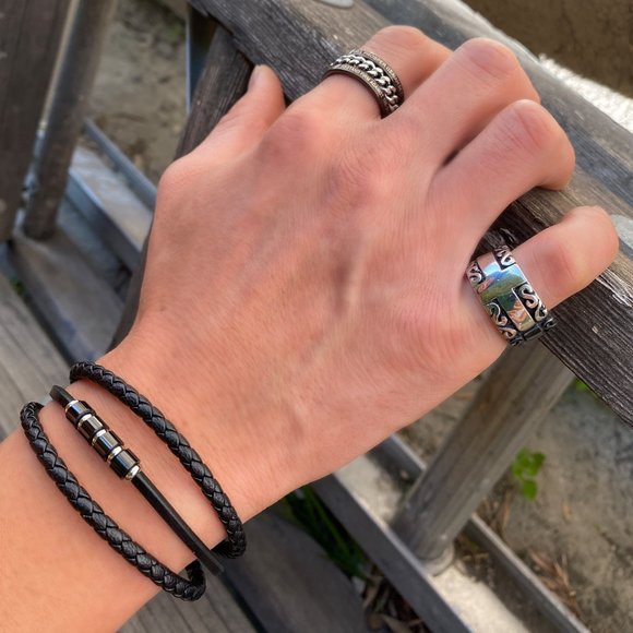 Men's Leather Bracelet, Black Leather Bracelet, Bracelet for Men, Men's Bracelet - Picture 5 of 9